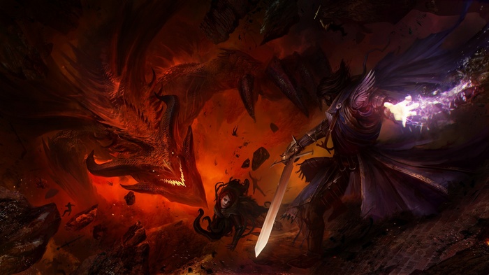Warrior fighting a dragon with magic in Guild Wars