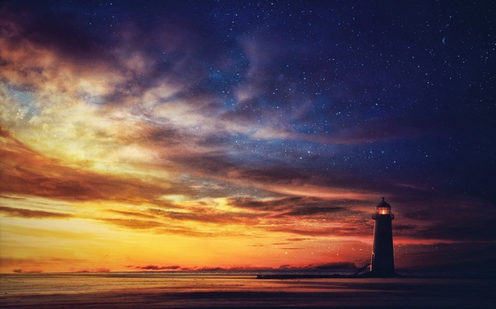 Lighthouse under a starry sky at sunset