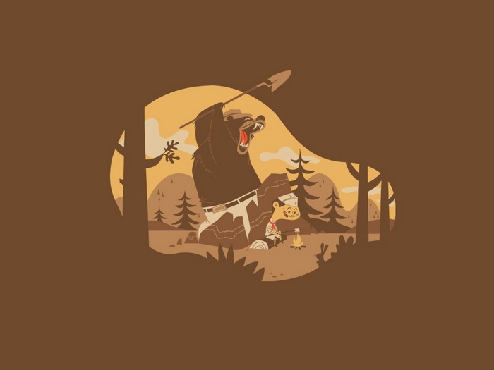 Bear attacking a camper with a spear