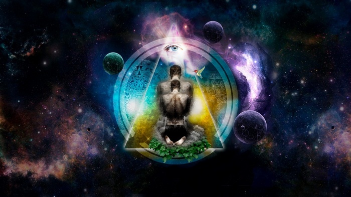 Spiritual meditation in space with eye symbol