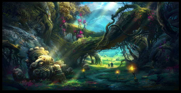 Fantasy art of a magical forest with ancient ruins