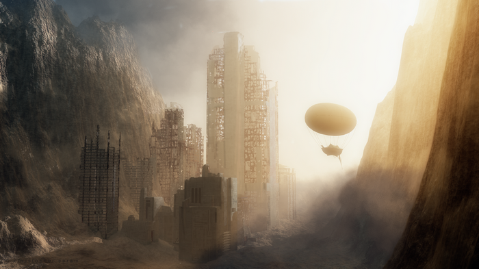 Apocalyptic city ruins with a steampunk airship