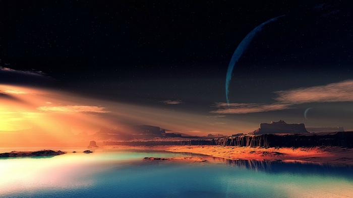 Alien planet landscape with rings and moons