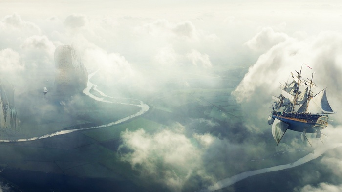 Fantasy airship sailing through clouds over a river valley