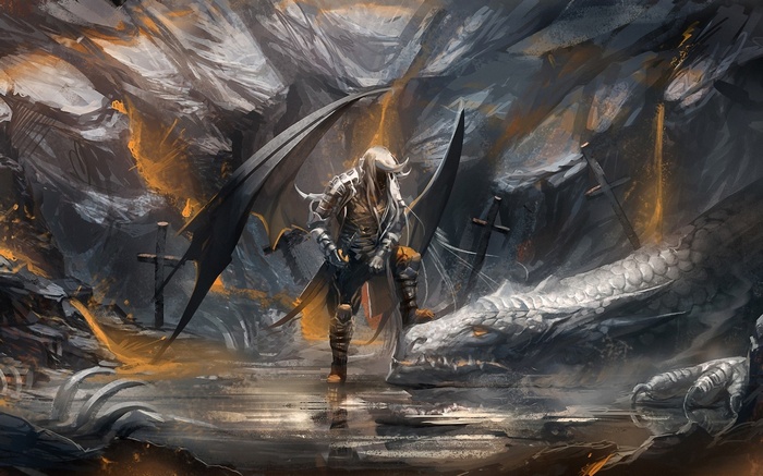 Fantasy art of a winged figure and a dragon