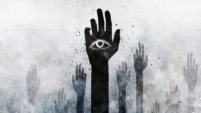 Alex Cherry artwork of raised hands with an all-seeing eye