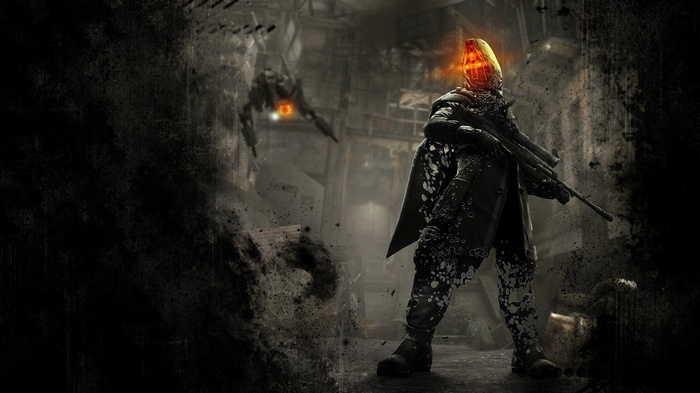 Killzone character with a sniper rifle and a robot