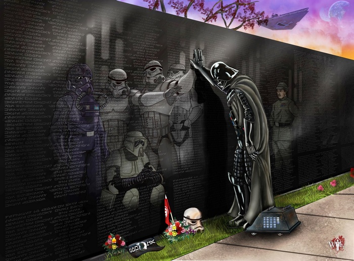 Darth Vader and Stormtroopers at a Memorial Wall