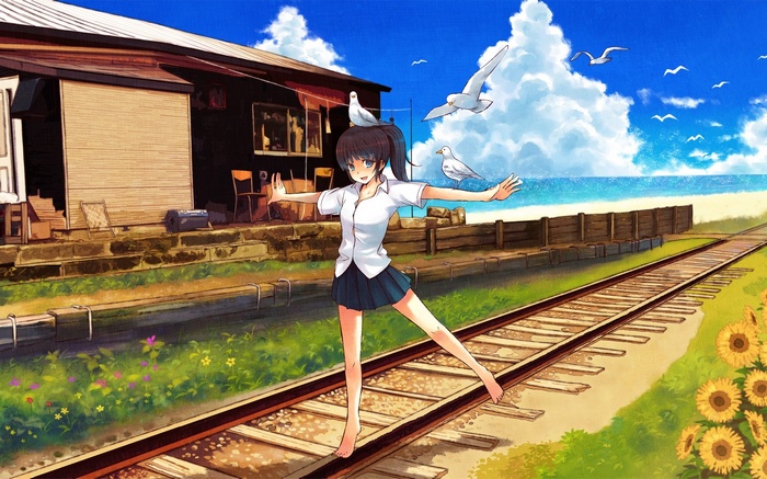 Anime girl in school uniform on train tracks with seagulls