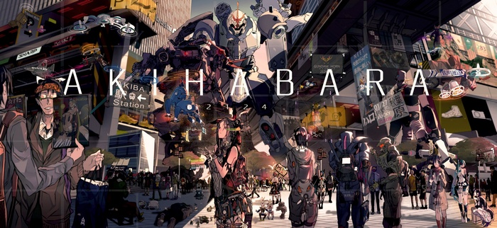 Akihabara Futuristic Cityscape with Mechs and Characters