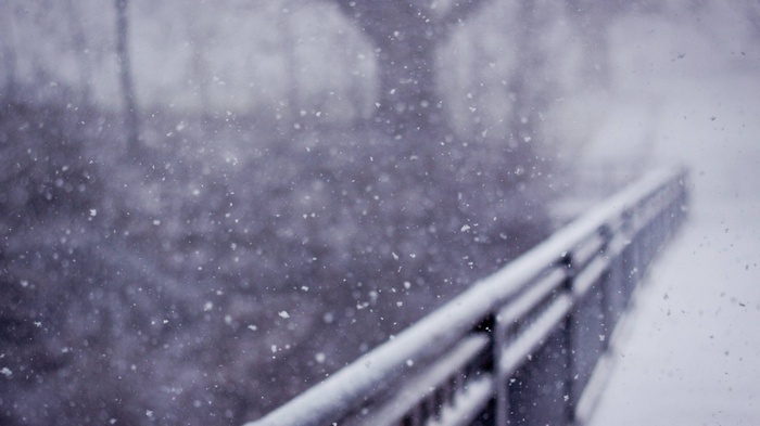 Snow falling on a bridge with bokeh effect