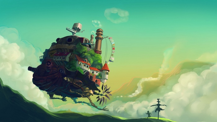 Howl's Moving Castle flying over green hills