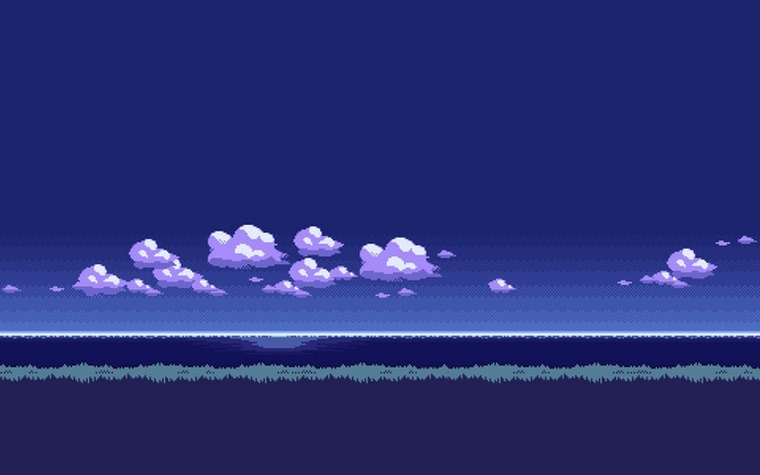 Pixel art clouds over the ocean at dusk