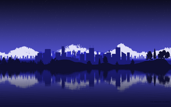 Pixel art cityscape at night with reflection
