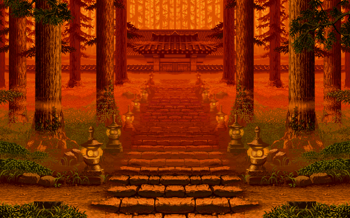 Pixel art of a Japanese temple entrance with stone stairs and lanterns