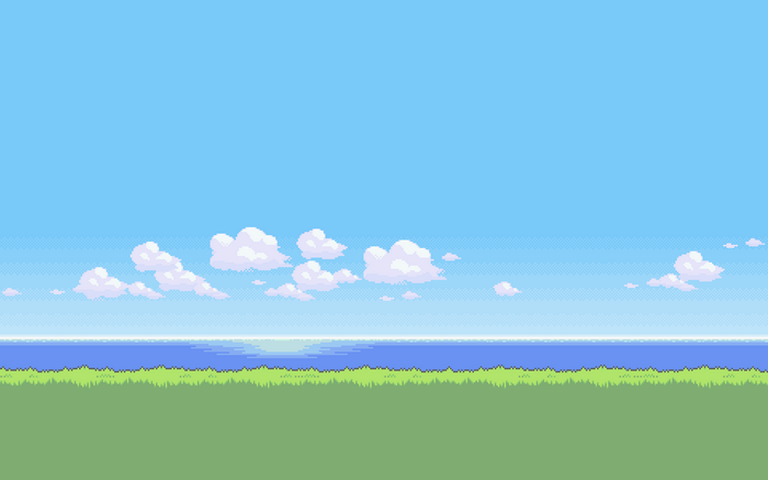 Pixel art landscape with clouds, water, and grass