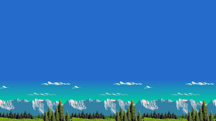 Pixel art landscape with mountains and trees