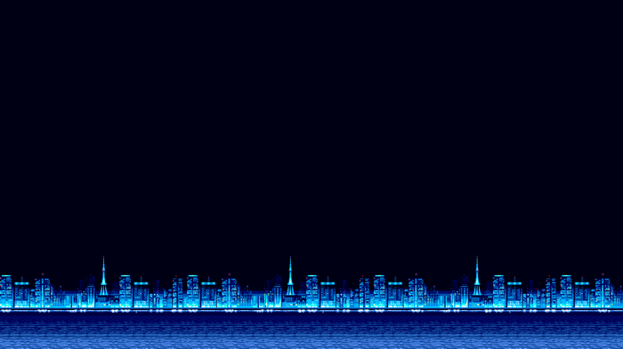 Pixel art cityscape at night with a tower