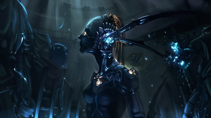 Futuristic cyborg woman with intricate headpiece