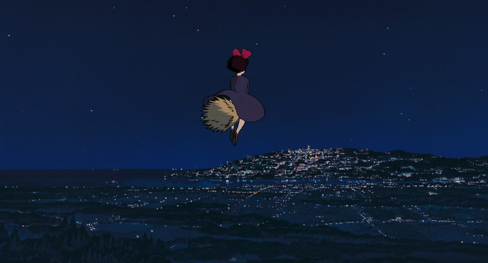 Kiki's Delivery Service: Witch Flying Over City at Night