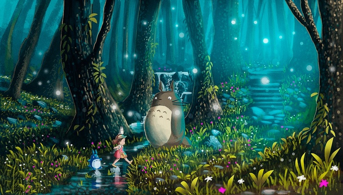 My Neighbor Totoro: Girl and Totoro in a magical forest