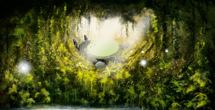 Totoro sleeping in a glowing forest