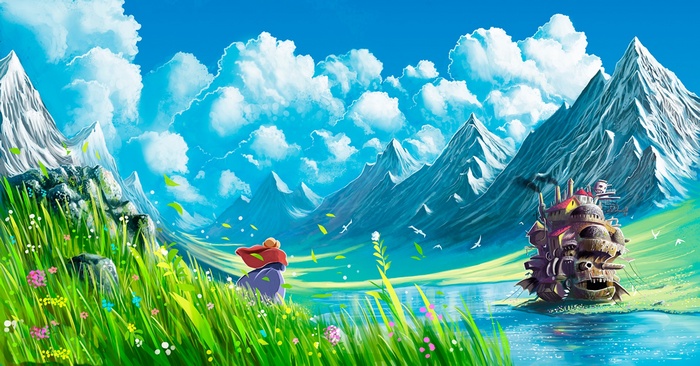 Howl's Moving Castle in a mountain landscape