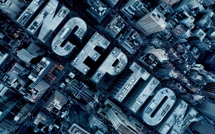 Inception movie title typography aerial view