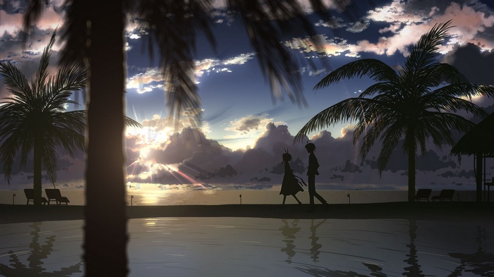 Anime couple walking on a beach at sunset with palm trees