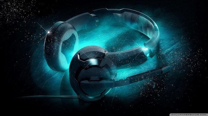 headphones music digital art black background neon