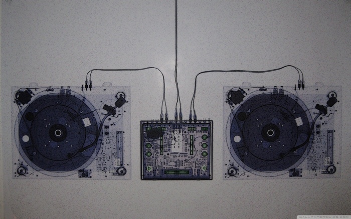 X-ray of two turntables and a DJ mixer