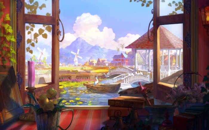 Fantasy landscape with windmills and a gazebo seen through a window