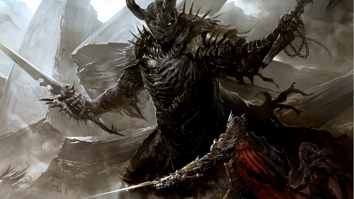 Guild Wars 2: A demonic warrior battles armored figures