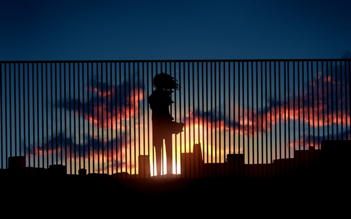 Anime girl silhouette against a sunset city skyline