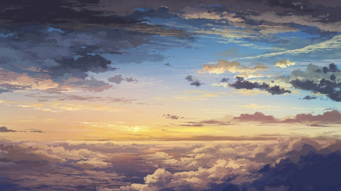 Anime sky with clouds at sunset