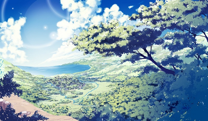 Anime landscape with trees and a lake