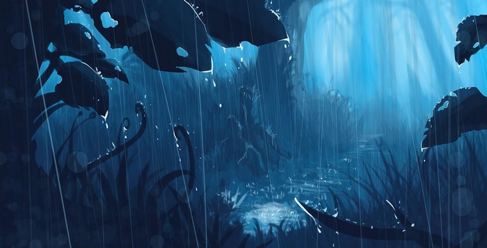 Fantasy art landscape with rain and plants