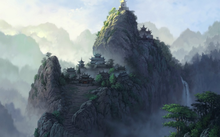 Fantasy landscape with ancient temples on a misty mountain