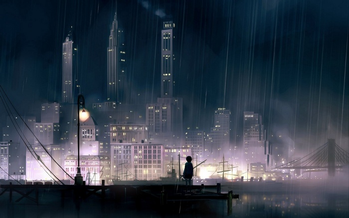 Anime cityscape at night with rain and a lone figure