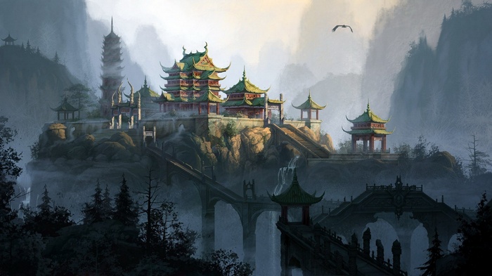 Fantasy Asian architecture on a misty mountain landscape