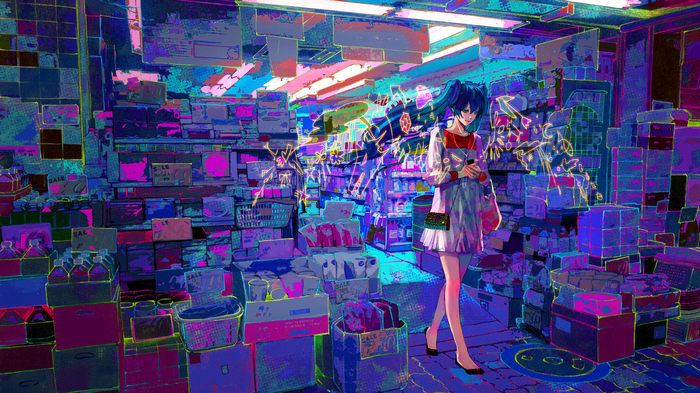 Hatsune Miku anime headphones Vocaloid walking long hair looking away anime girls