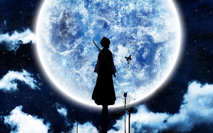 Kuchiki Rukia silhouette against a large moon in Bleach anime