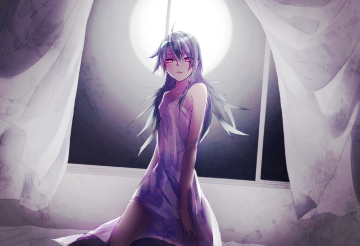 Megpoid Gumi in a dress with red eyes by a window