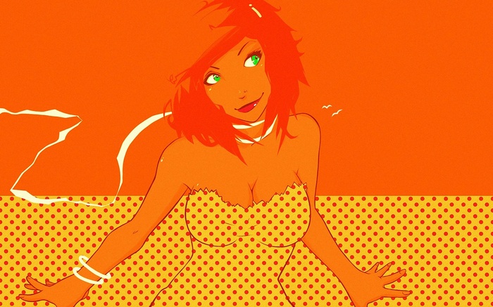 Redhead woman with green eyes in polka dot dress