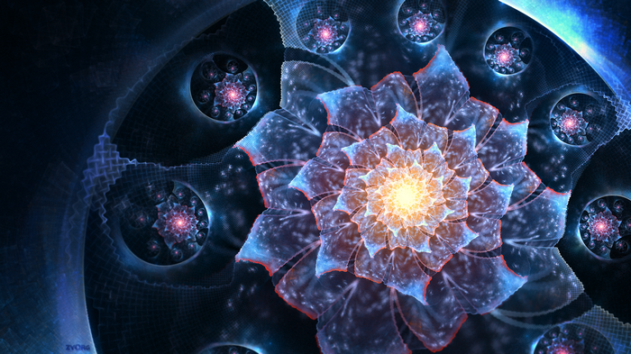 Abstract fractal flowers with blue and orange hues