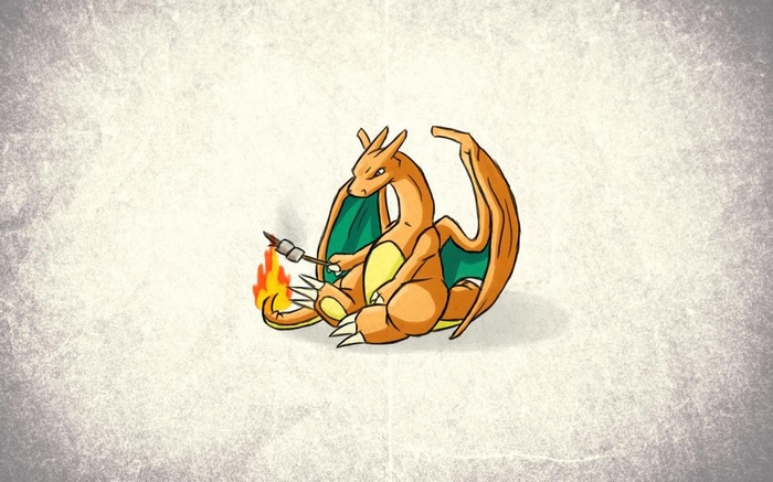 Charizard roasting marshmallows over a fire