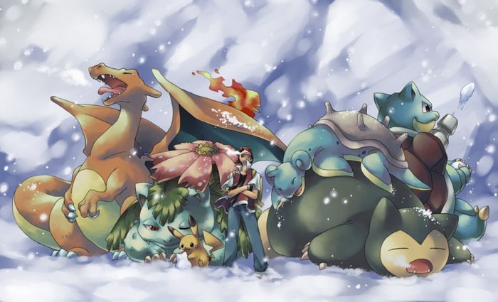 Red and his Pokémon in a snowy landscape