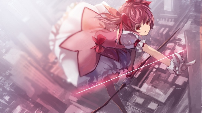 Kaname Madoka with a bow in a city