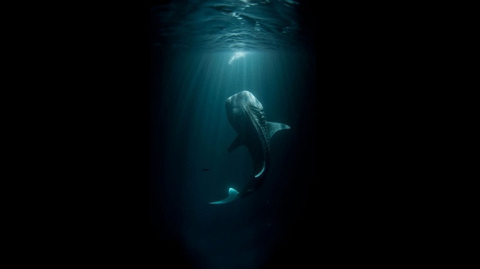 Whale shark swimming in dark ocean water