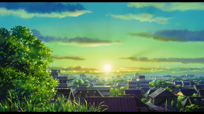 Anime town at sunrise with green trees